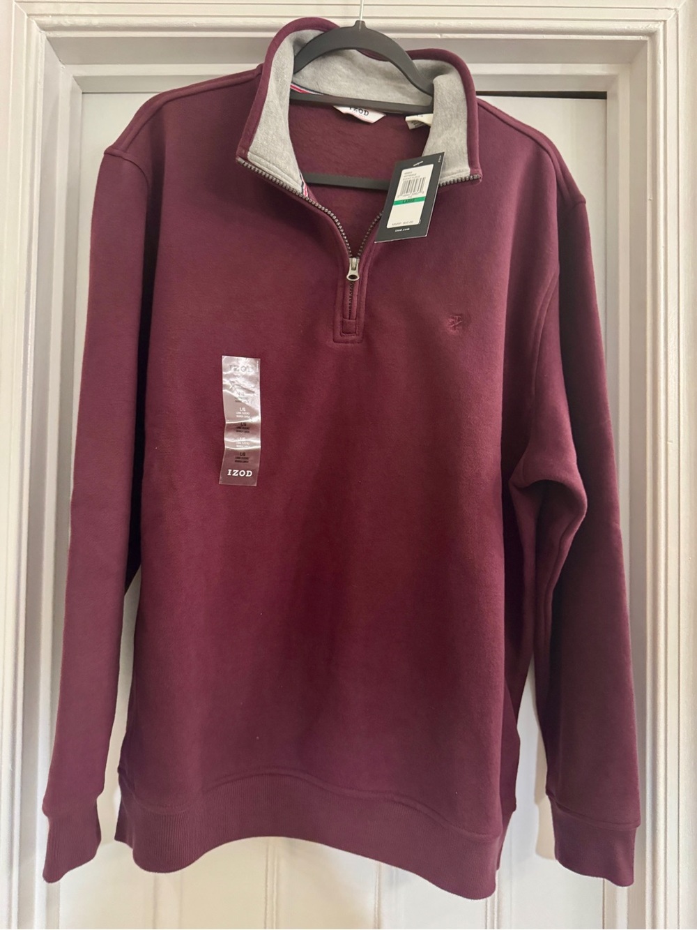 Izod Men's Zip-Up Pullover Sweater in Burgundy with Gray Trim